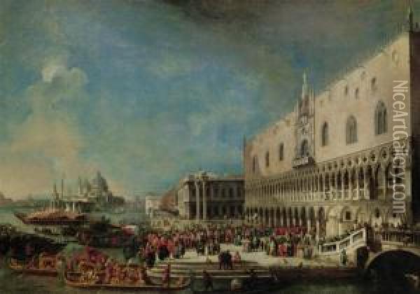 The Grand Canal, Venice, With 
The Reception Of The French Ambassador Into The Ducal Palace Oil Painting - Luca Carlevarijs