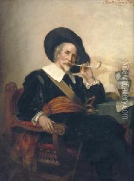 Enjoying A Smoke Oil Painting - Gustav Zaak