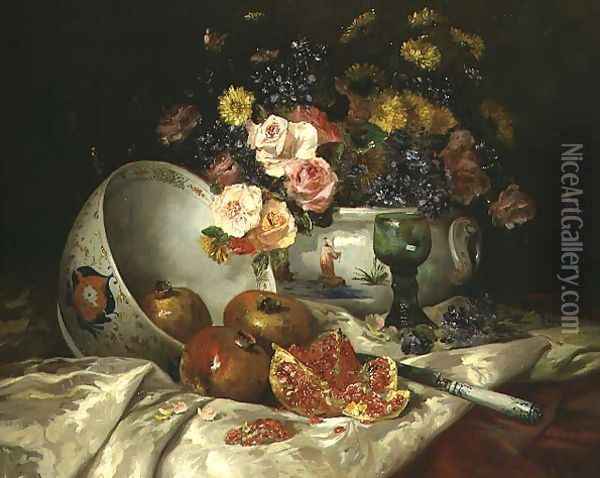 Still life of flowers in a Chinese vase with pomegranates Oil Painting - Eugene Henri Cauchois