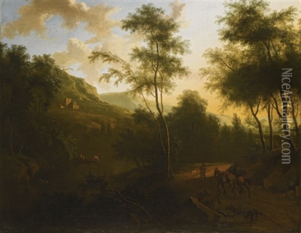 An Extensive Italianate Landscape With Mounted Travellers In The Foreground, A River With Fishermen And A Castle Beyond Oil Painting - Frederick De Moucheron