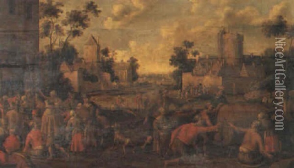 Village Scene With Figures Drinking Oil Painting - Joost Cornelisz. Droochsloot