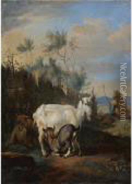 Nanny Goat And Her Young In An Italianate Landscape Oil Painting - Karel Dujardin