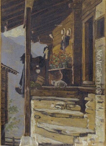 Walliser Bauernhaus Mit Katze Oil Painting - Edouard John E. Ravel