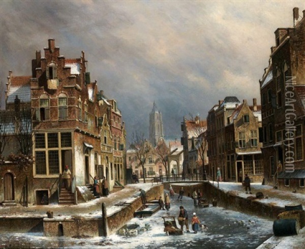 Sans Titre (vue D'amsterdam En Hiver?) Oil Painting - Oene Romkes De Jongh