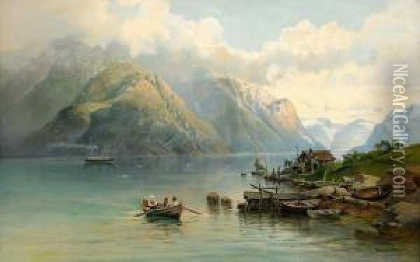 Fjordlandskap Med Batar Och Manniskor Oil Painting - Josefina Holmlund