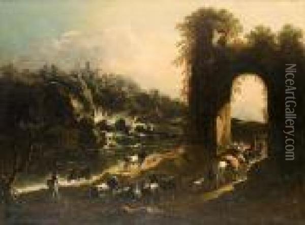 An Italianate Landscape With 
Drovers And Cattle On A Path Beneath A Ruined Arch, A Waterfall Beyond Oil Painting - Gaetano De Rosa