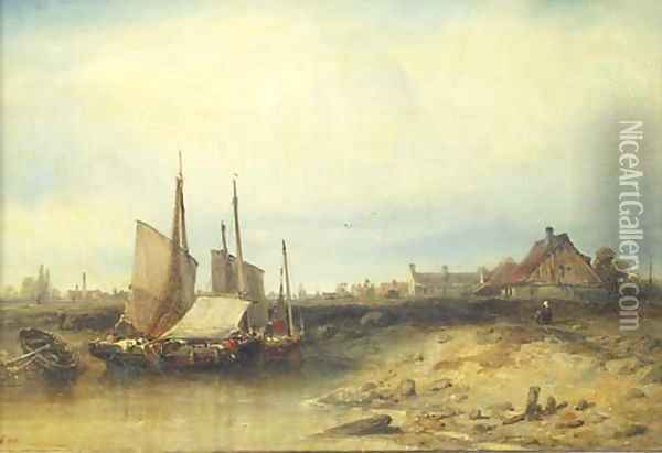 Fishing vessels by a village in a river landscape Oil Painting - German School