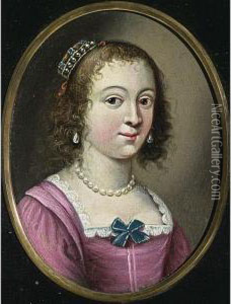 A Portrait Of A Lady, Bust Length, Wearing A Pink Dress With Pearl Jewellery And Bonnet Oil Painting - Jacob Fransz. Van Der Merck