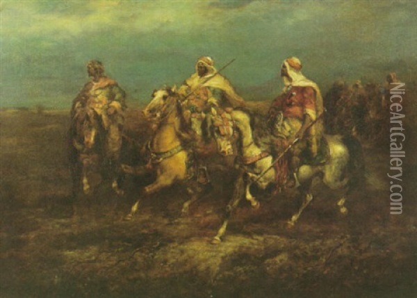 Cossack Warriors On Horseback In An Extensive Landscape Oil Painting - Adolf Schreyer