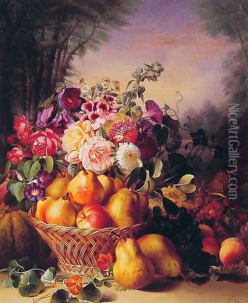 Still Life of Flowers and Fruits Oil Painting - Eugene-Adolphe Chevalier