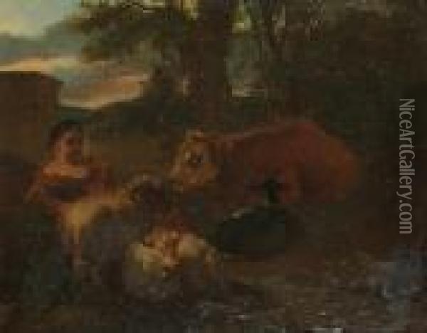 A Shepherdess With Sheep, A Cow And A Goat In A Pastoral Landscape Oil Painting - Simon van der Does