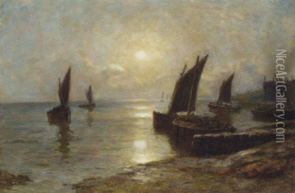 Fishing Boats At Sunset On The Coast Oil Painting - Duncan Cameron