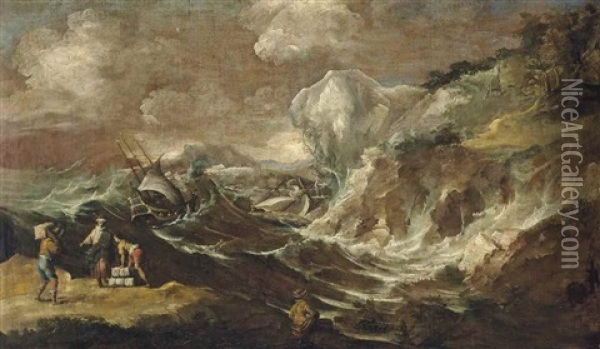 A Mediterranean Harbour With A Shipwreck In Stormy Waters Oil Painting - Antonio Maria Marini