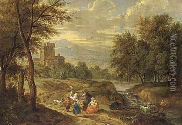 A mountain landscape with travellers on a path and a shepherd crossing a ford Oil Painting - Adriaen Frans Boudewijns