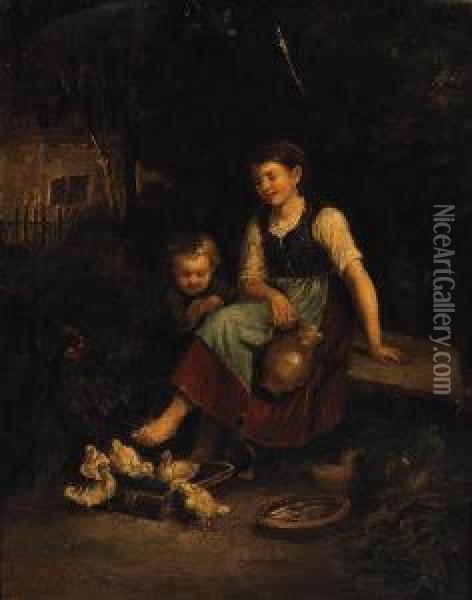 A Mother And Child In A Farmyard With Ducks Oil Painting - Edouard Frere