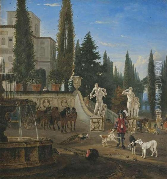 Eine Jagdgesellschaft Trifft Sich Vor Einer Italienischen Villa Oil Painting - Jan Blom