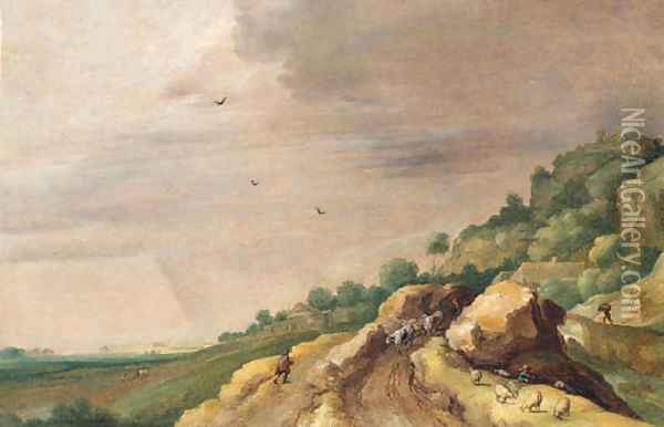 An extensive landscape with drovers on a rocky path by a river Oil Painting - Adriaan van Stalbemt