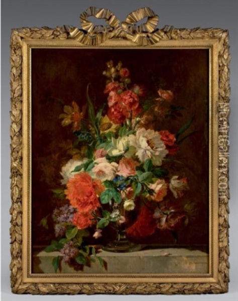 Bouquet De Fleurs Dans Un Vase Sur Un Entablement (2 Works) Oil Painting - Henri Duvieux