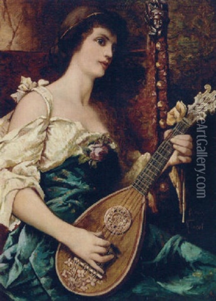A Lady Strumming A Mandolin Oil Painting - Conrad Kiesel