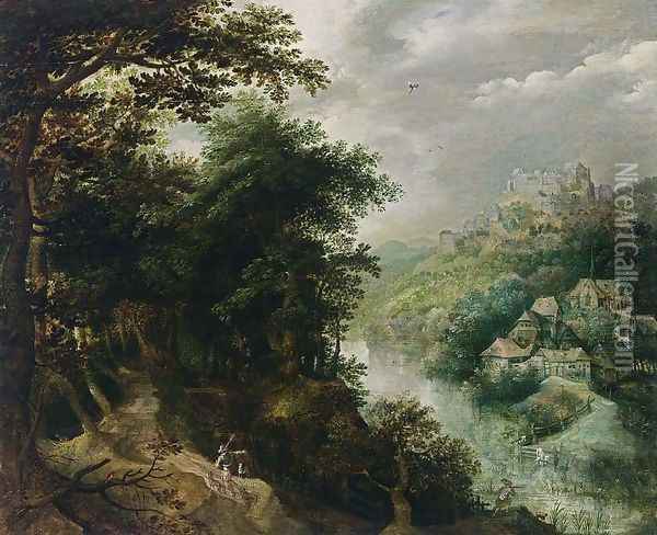 Wooded River Landscape with St John the Baptist c. 1610 Oil Painting - Anthonie Mirou