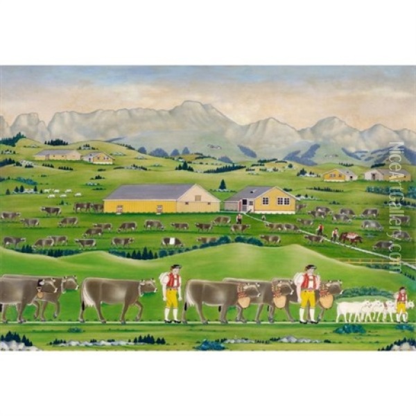 Grosse Alpfahrt Mit Santis (big Cattle Lift With Santis) Oil Painting - Johannes Zuelle