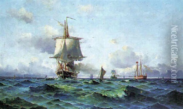 Marine Med Svensk Fregat Og Det Danske Fyrskib Absalon Oil Painting - Ludvig Otto Richarde