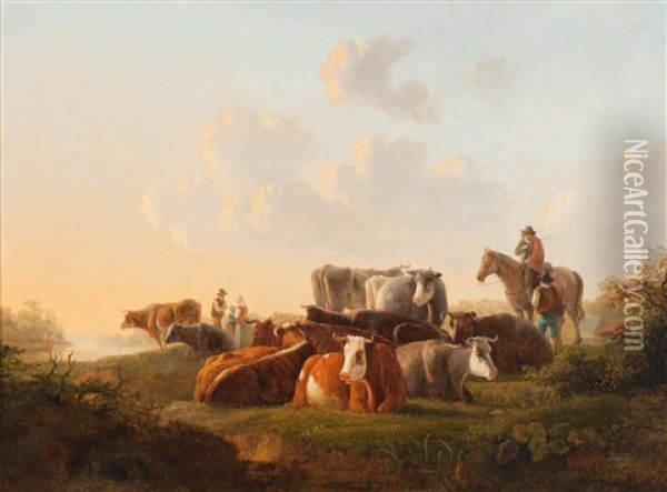 Shepherds With Resting Cattle In River Landscape Oil Painting - Jacob Van Stry
