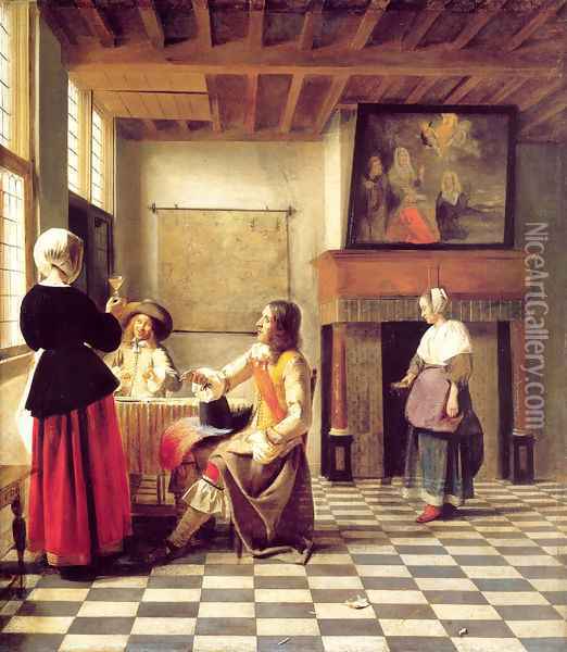 A Woman Drinking with Two Men and a Serving Woman Oil Painting - Pieter De Hooch