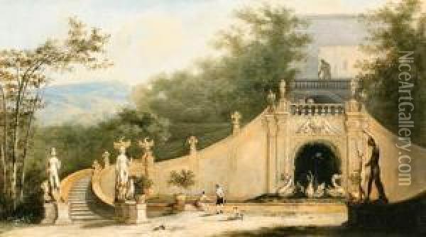 An Italianate Landscape With An 
Imaginary View Of A Grand Staircaseand Figures In A Formal Garden Oil Painting - Johann Wilhelm Baur
