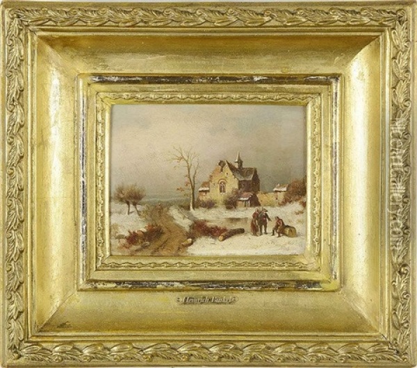 A Winter Landscape With A Homestead Oil Painting - Heinrich Buerkel
