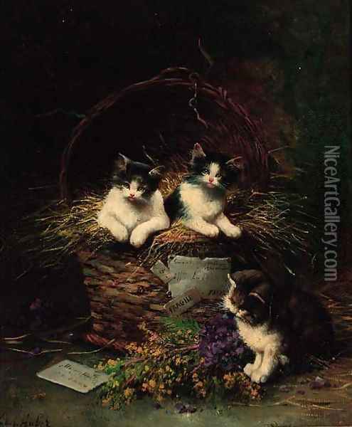 Playful Kittens Oil Painting - Leon Charles Huber