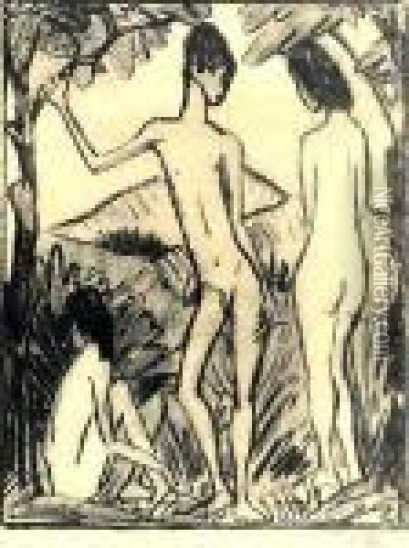 Stehender Knabe Und Zwei Madchen Oil Painting - Otto Mueller