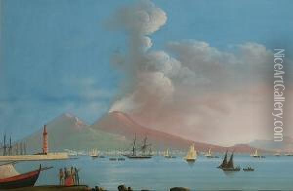The Bay Of Naples And Mount Vesuvius By Day, And Another Of The Same View By Night Oil Painting - Gioacchino La Pira