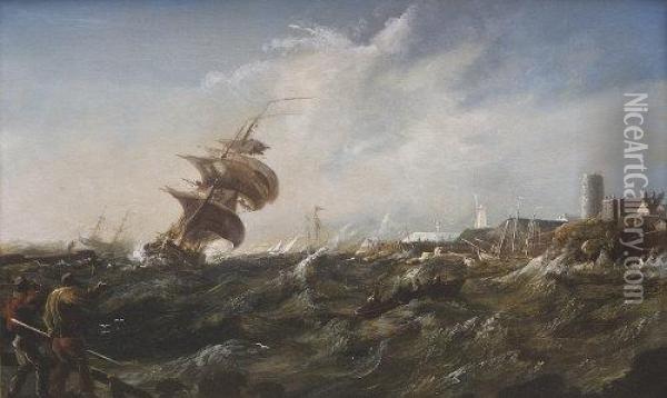 A Stormy Seascape With Figures And Boats Oil Painting - William II Sadler