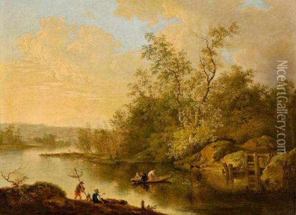 River Scene With Fishermen Oil Painting - Ferdinand Kobell