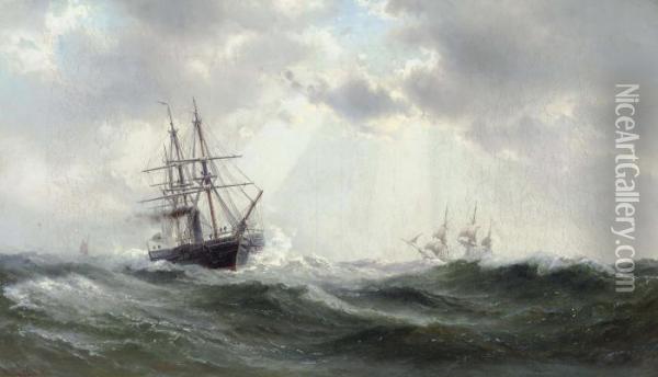 A Paddlesteamer And Other Shipping In A Heavy Swell Oil Painting - Vilhelm Melbye