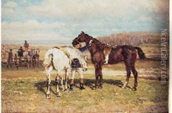 Attelage Et Cavaliers En Habits De Chasse A Courre Oil Painting - Cornelis Schermer