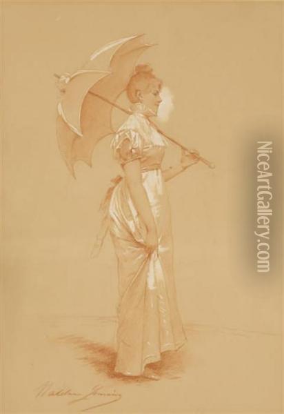 Portrait D'une Elegante A L'ombrelle Oil Painting - Madeleine Jeanne Lemaire