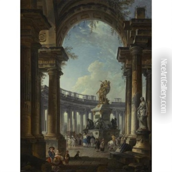 Imaginary Rotonda With The Statue Of Louis Xiv Oil Painting - Pierre Antoine Demachy