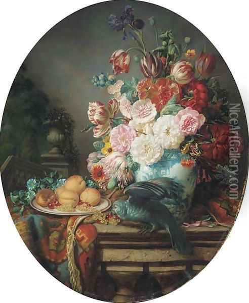 Still Life with a Parrot, Fruits, Flowers Oil Painting - Henri-Jean-Saint-Ange Chasselat