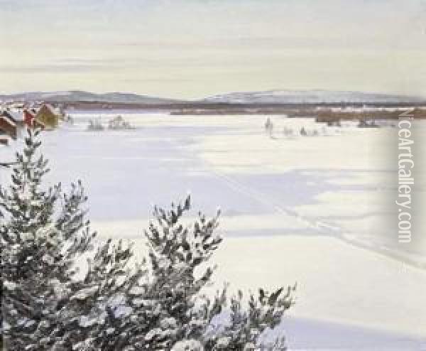 Sunny Winterlandscape In Sweden Oil Painting - August Wilhelm Nikolaus Hagborg
