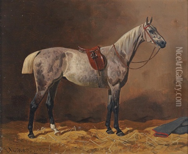Saddled Racehorse In The Stable Oil Painting - Emil Volkers