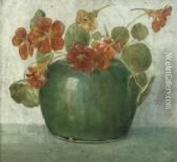 Indian Cress In A Green Ginger Jar Oil Painting - Floris Verster