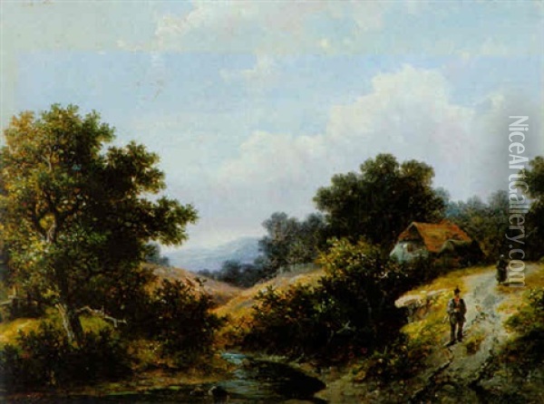 Travellers By A Stream In A Hilly Landscape Oil Painting - Hendrik Pieter Koekkoek