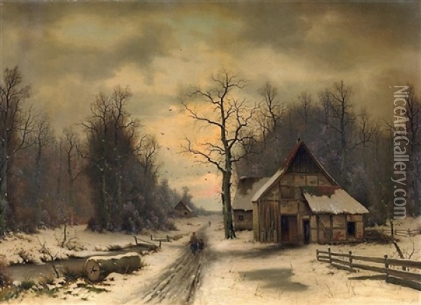 Winterliche Landschaft Mit Bauernkate. Abendstimmung Oil Painting - Eduard Hein