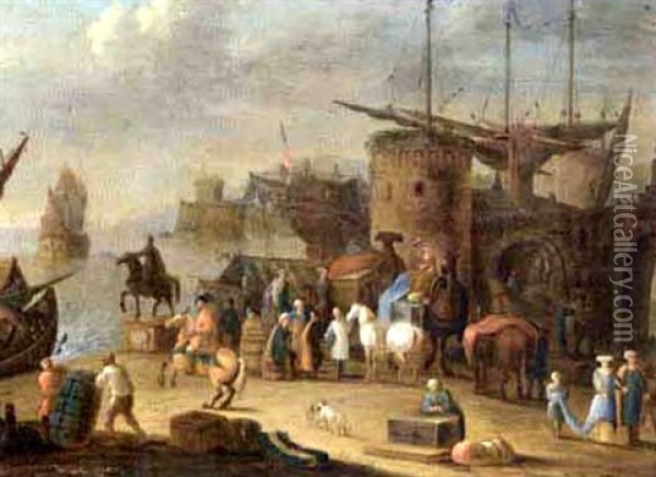 A Levantine Harbour With Camels Oil Painting - Mathys Schoevaerdts