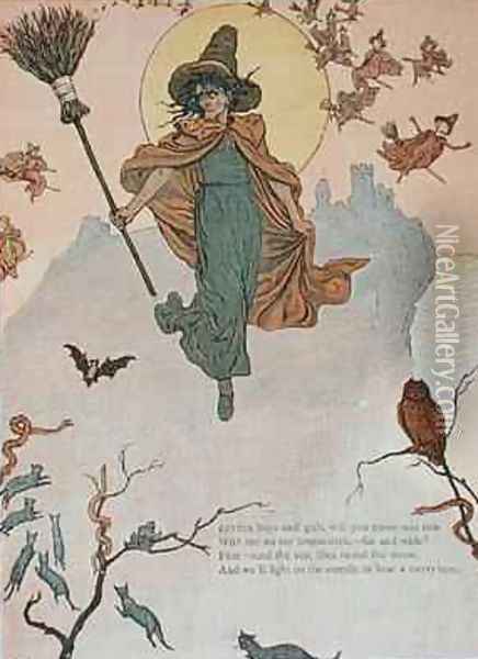 Little boys and girls will you come and ride with me on my broomstick Oil Painting - Kate Greenaway
