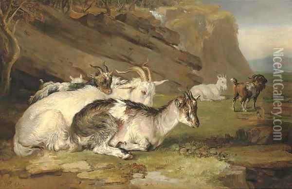 Goats in a rocky landscape Oil Painting - James Ward