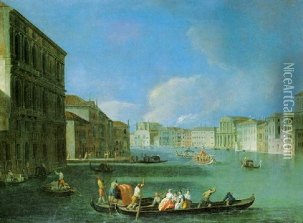 Veduta Del Canal Grande Con Palazzo Bembo, Le Chiese Di S. Lucia E Degli Scalzi E Palazzo Flangini Oil Painting - Giovanni Richter