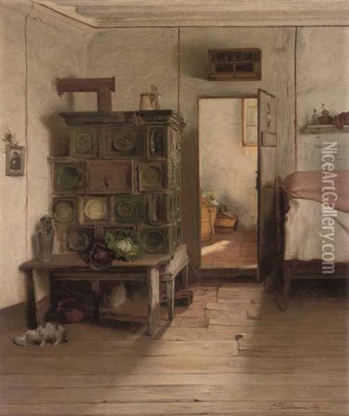 A Cat By An Oven In A Sunlit Interior Oil Painting - Carl Fleischmann